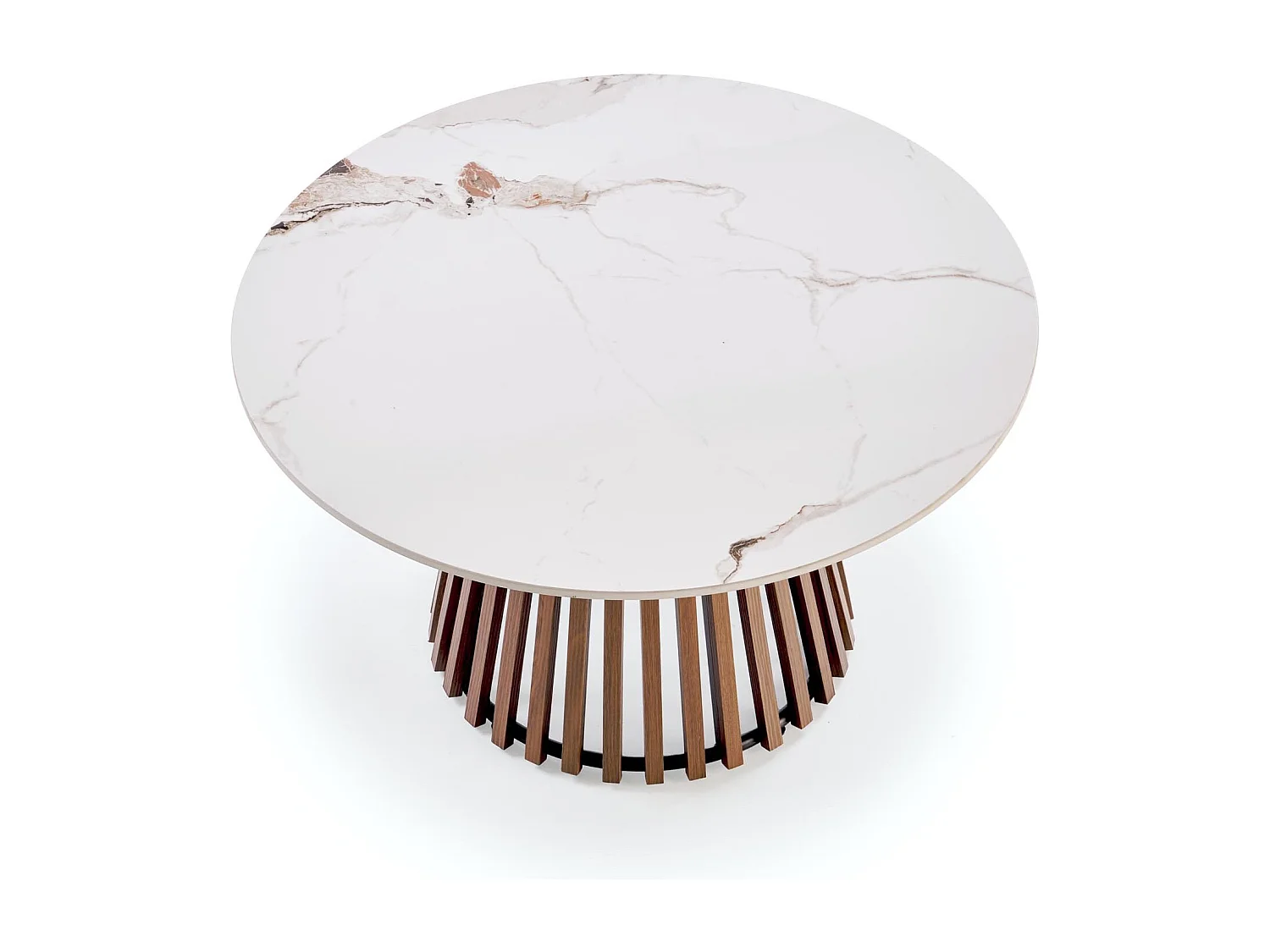 Table basse ronde aspect marbre 80 cm avec pied plaqué noyer KAREN