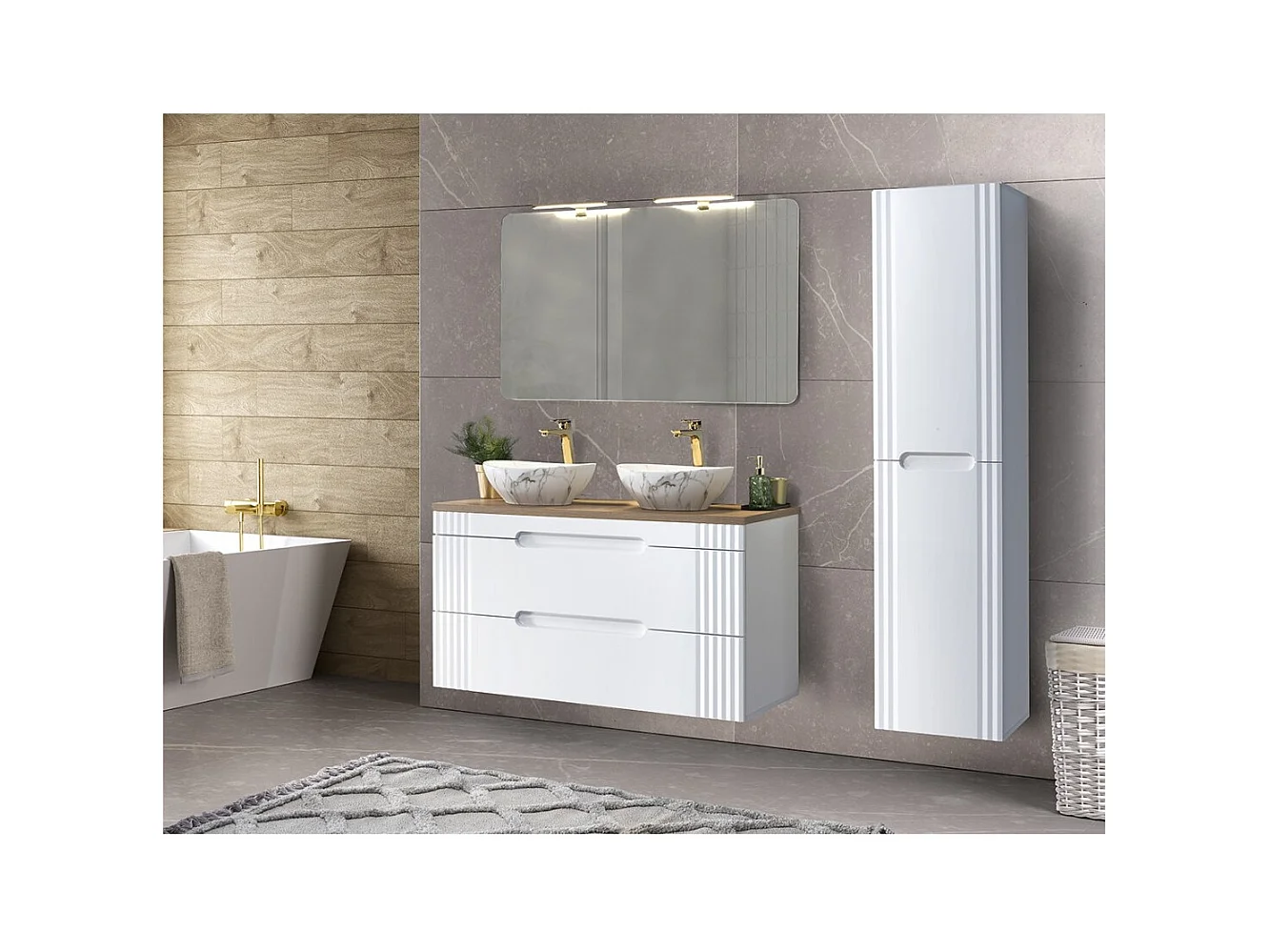 Colonne FIDJI 166 cm – Finition blanc alpin brillant – 2 portes – Fixation mixte