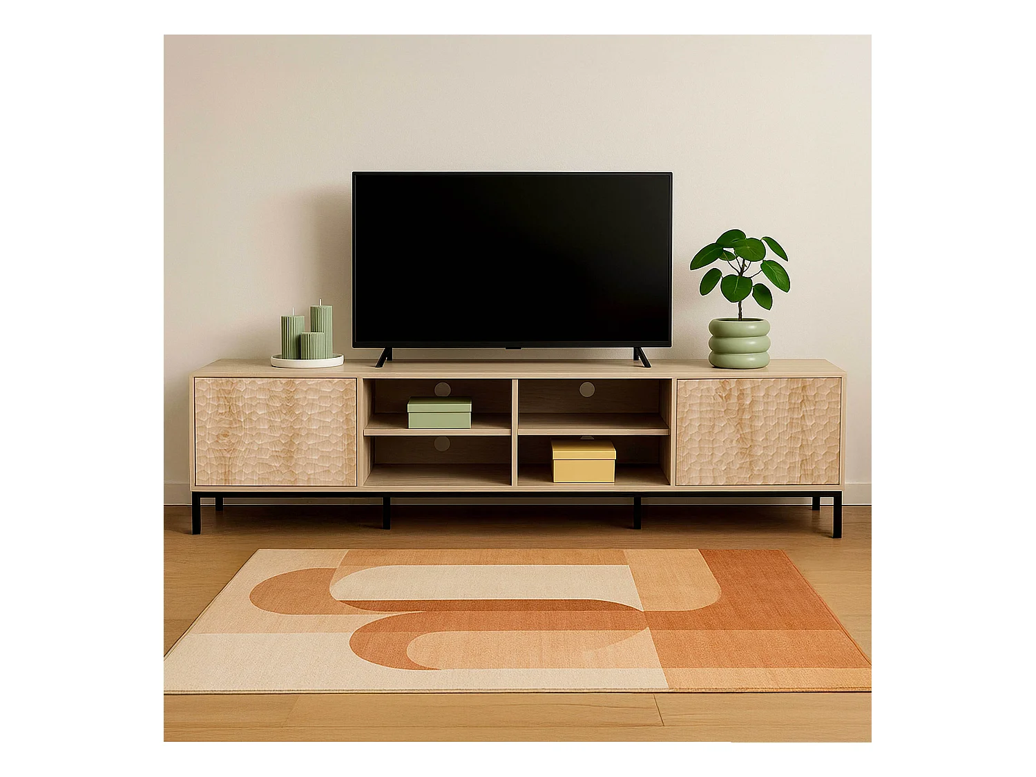 Meuble TV rectangulaire 2 portes L200 cm bois clair