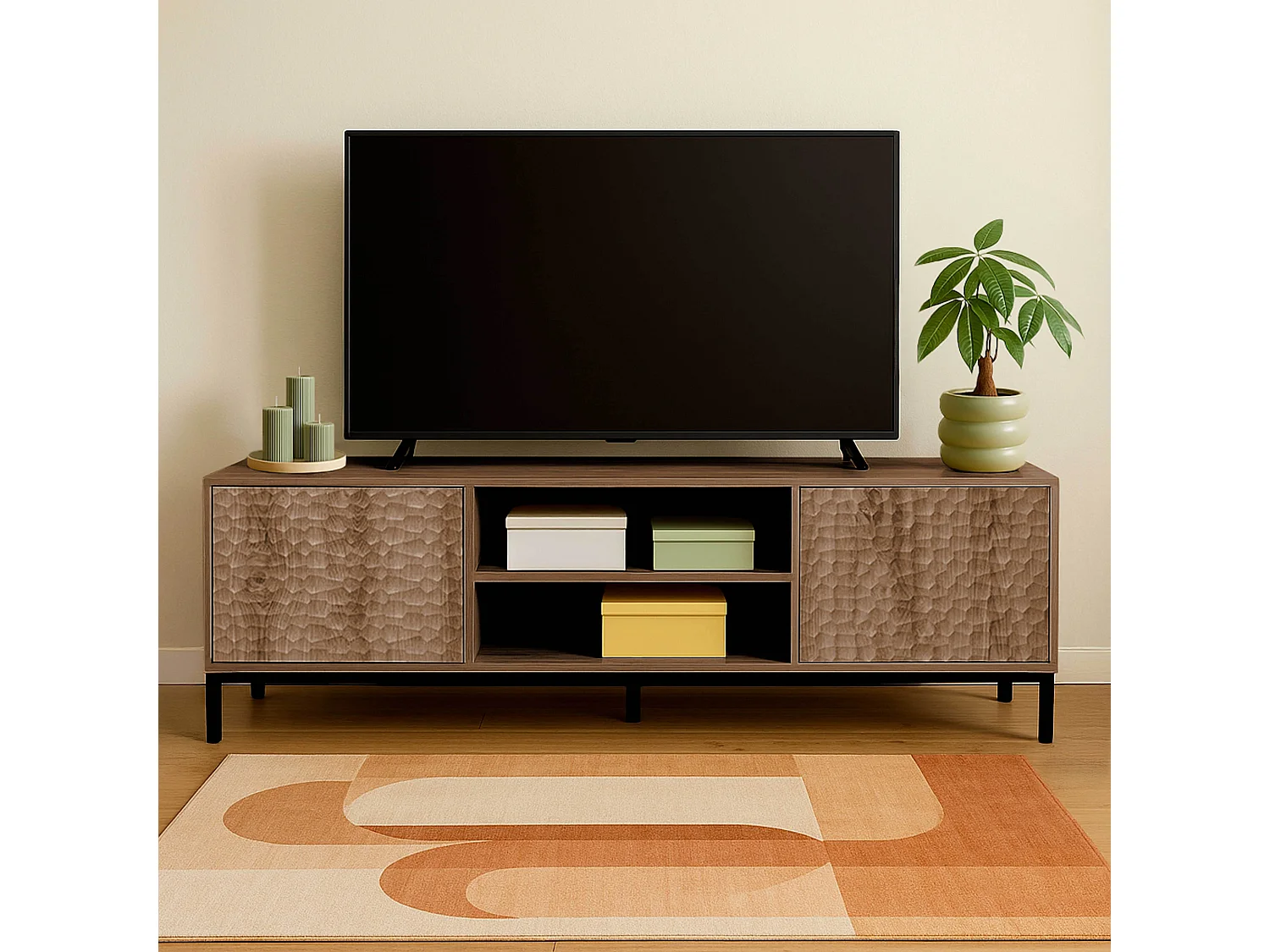 Meuble TV rectangulaire 2 portes L160 cm bois foncé