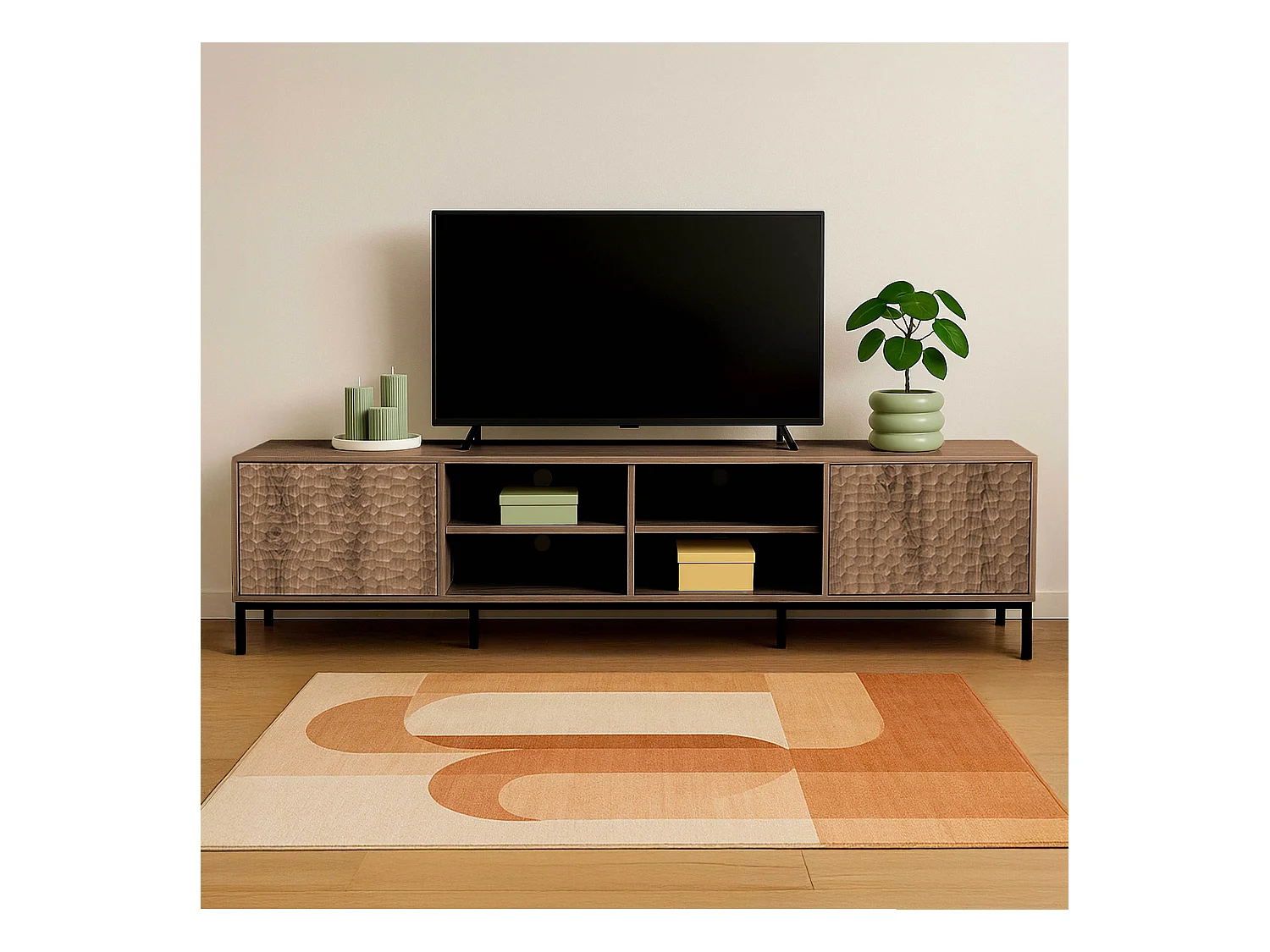 Meuble TV rectangulaire 2 portes L200 cm bois foncé