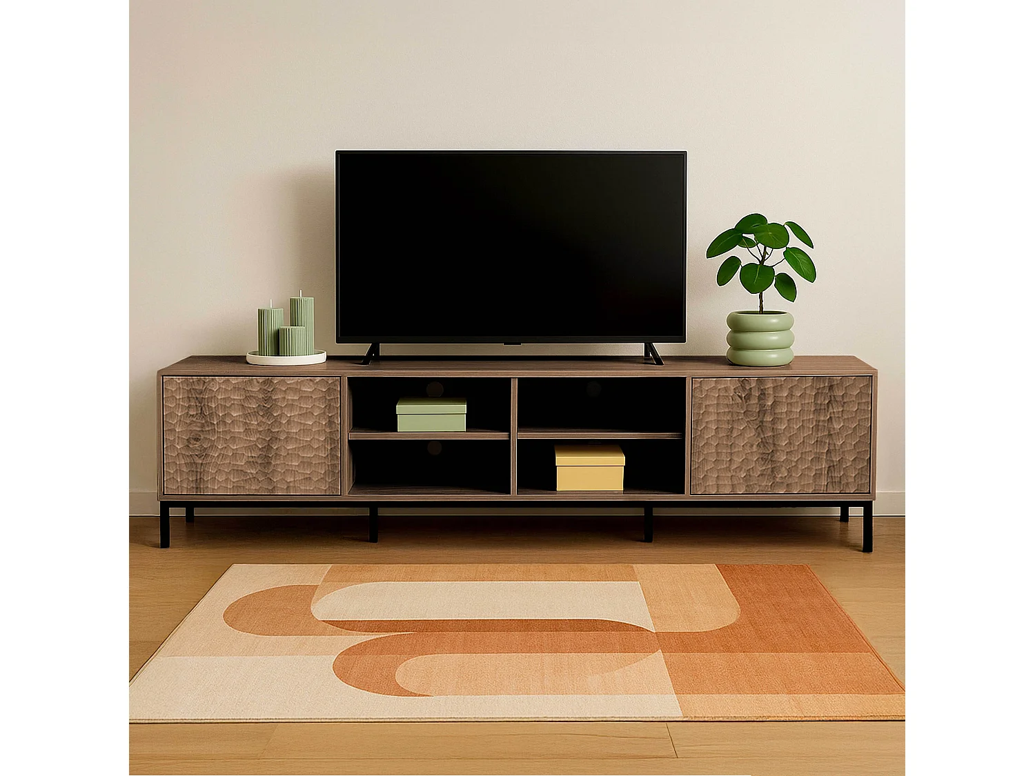 Meuble TV rectangulaire 2 portes L200 cm bois foncé