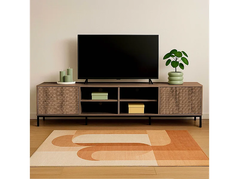 Meuble TV rectangulaire 2 portes L200 cm bois foncé