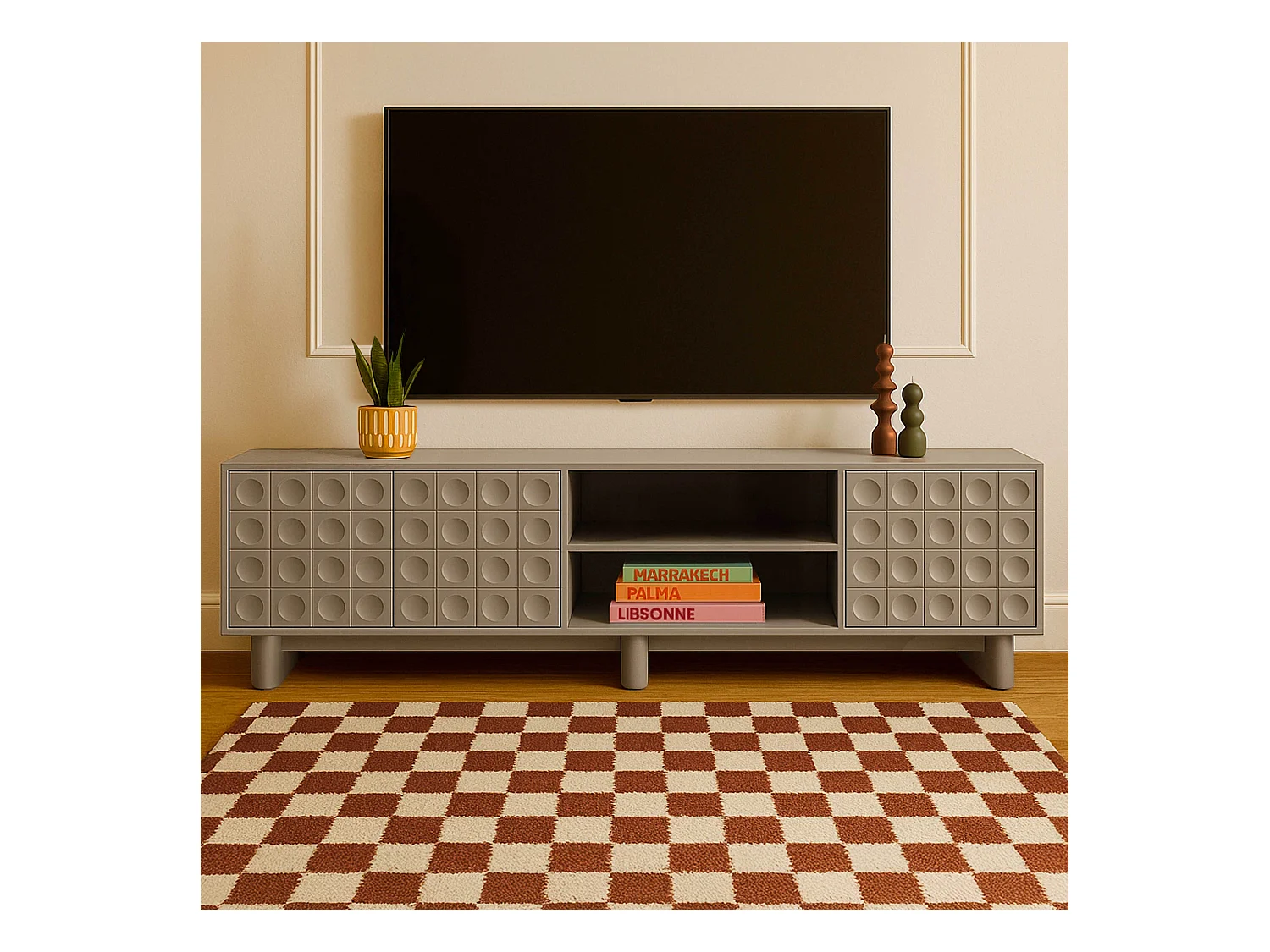 Meuble TV rectangulaire 3 portes L200 cm beige