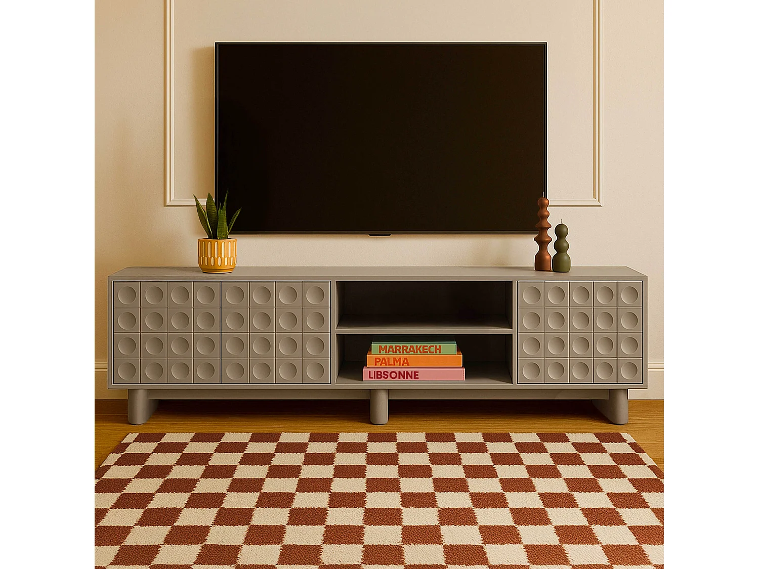 Meuble TV rectangulaire 3 portes L200 cm beige