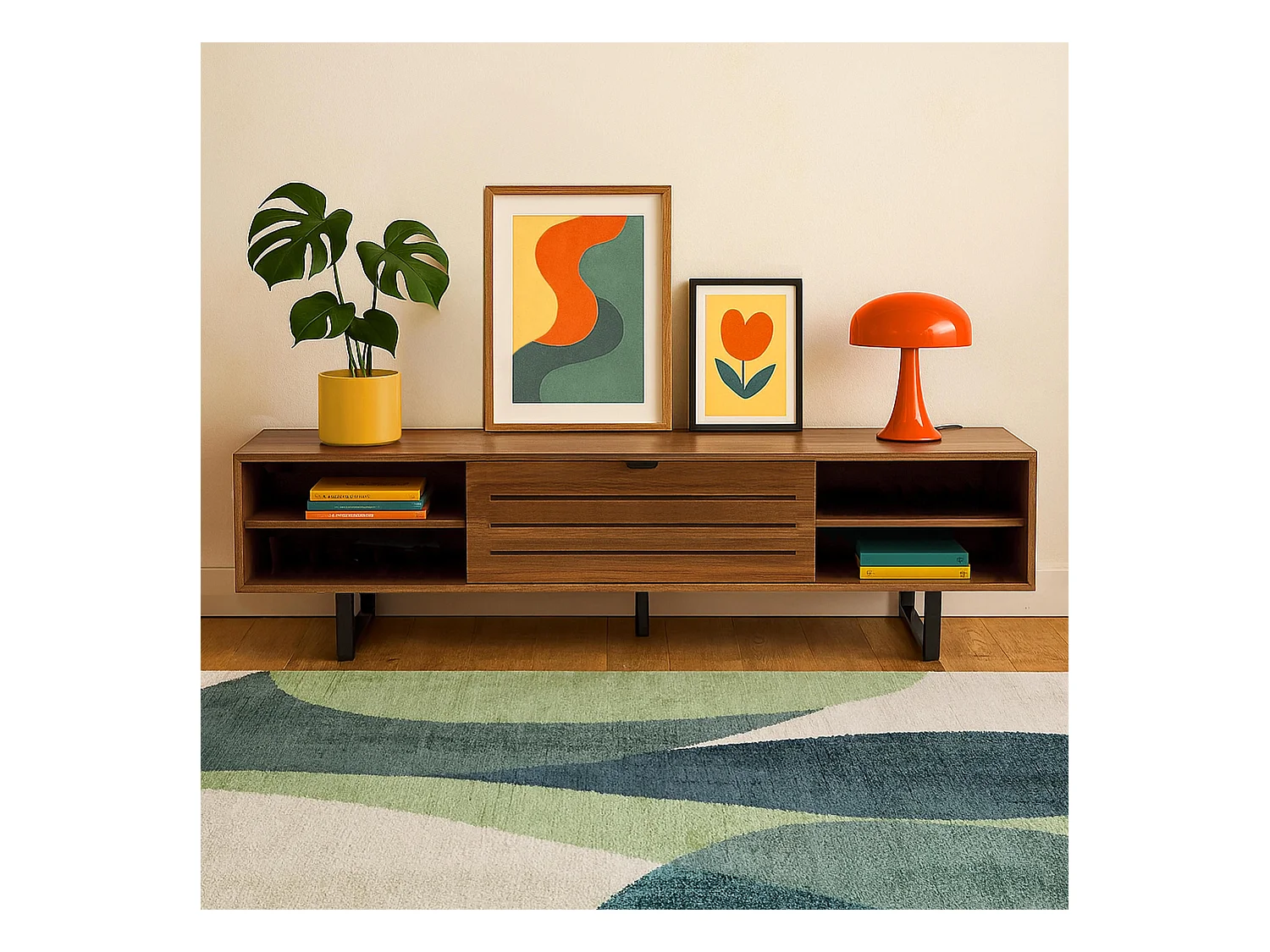 Meuble TV rectangulaire  2 portes L160 cm bois foncé