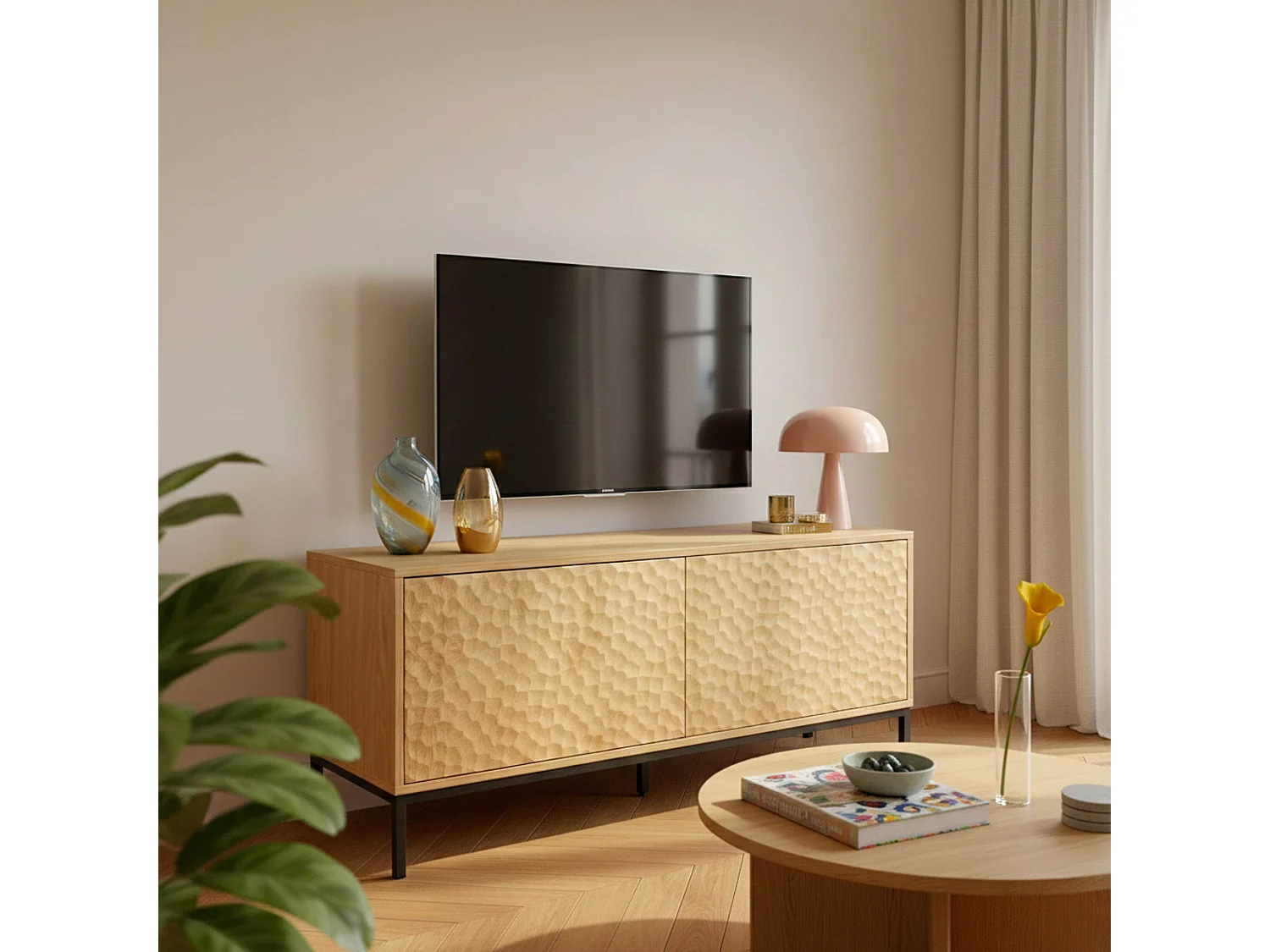 Meuble TV rectangulaire 2 portes L120 cm bois clair