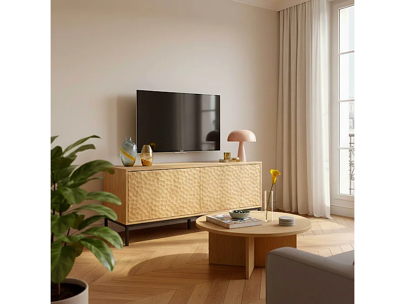 Meuble TV rectangulaire 2 portes L120 cm bois clair