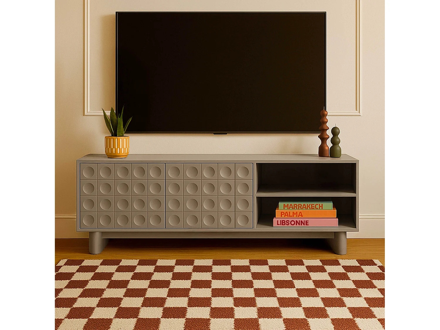 Meuble TV rectangulaire 2 portes L160 cm beige