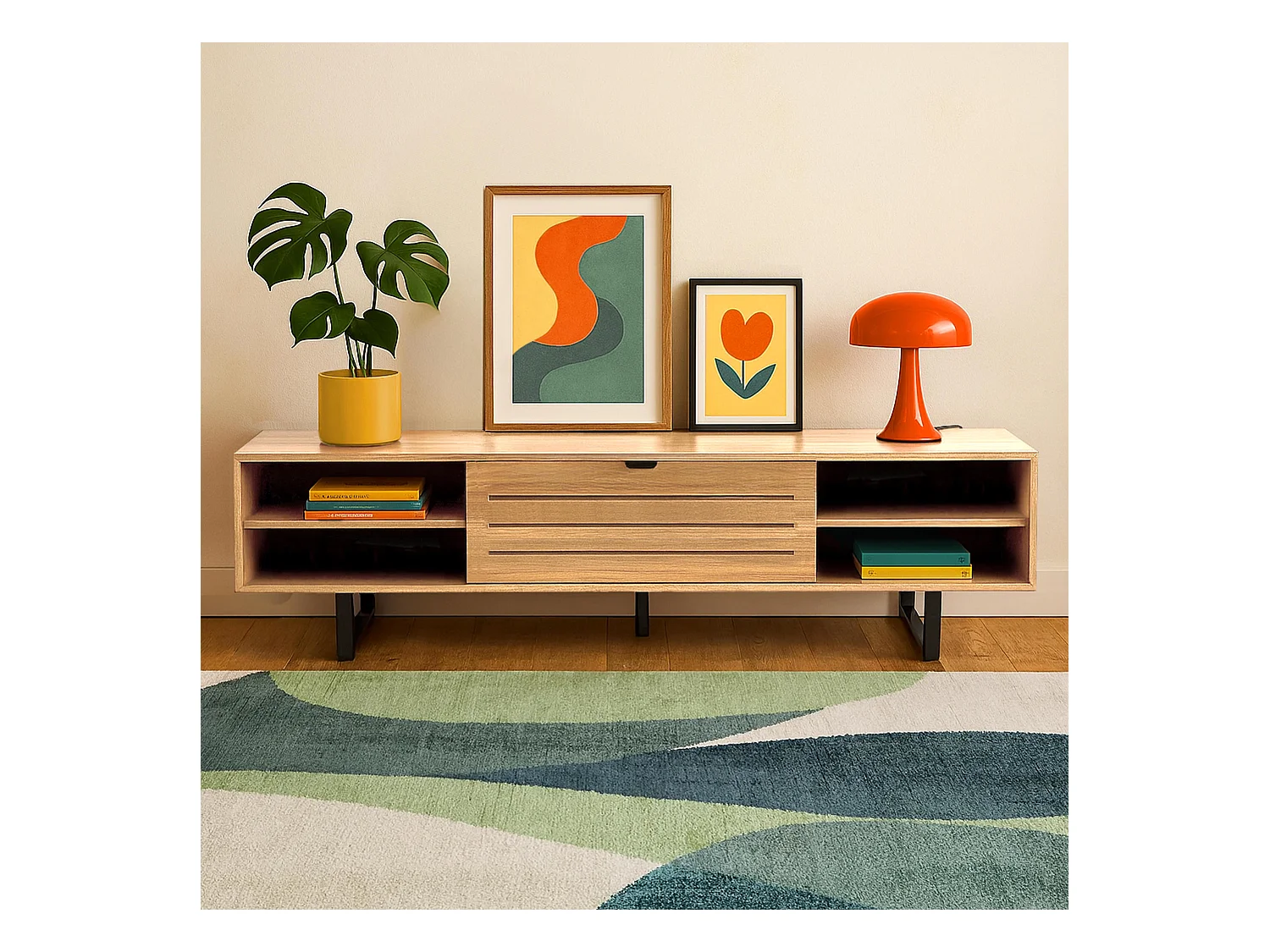 Meuble TV 2 portes rectangulaire L160 cm bois clair