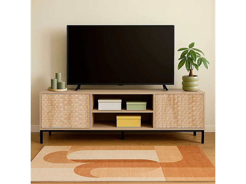 Meuble TV rectangulaire 2 portes L160 cm bois clair