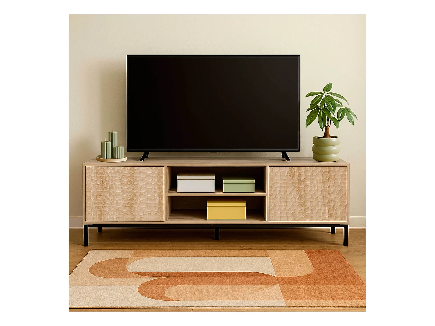 Meuble TV rectangulaire 2 portes L160 cm bois clair