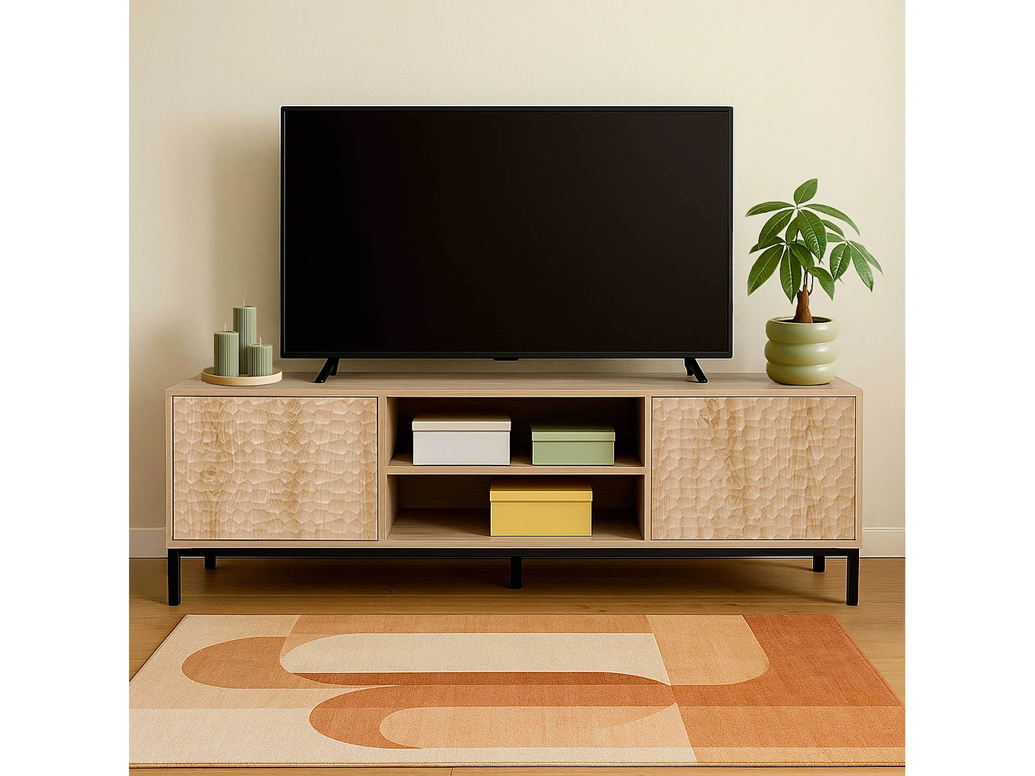 Meuble TV rectangulaire 2 portes L160 cm bois clair