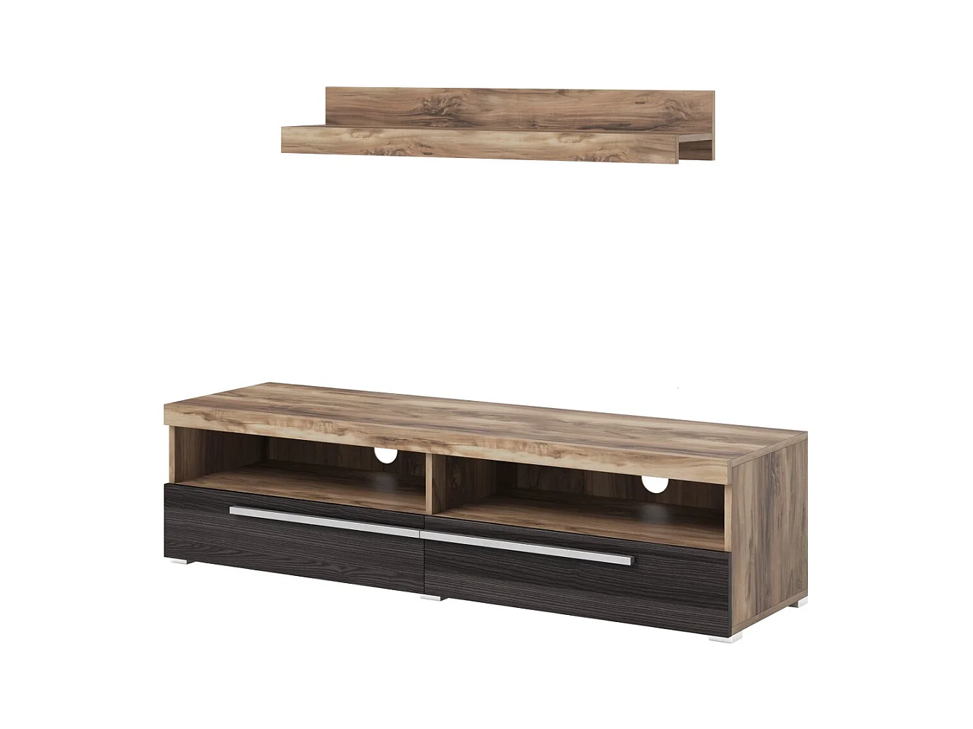 Meuble TV BRAZZA 140 cm avec étagère murale – 2 abattants – Noyer satin et niches visibles