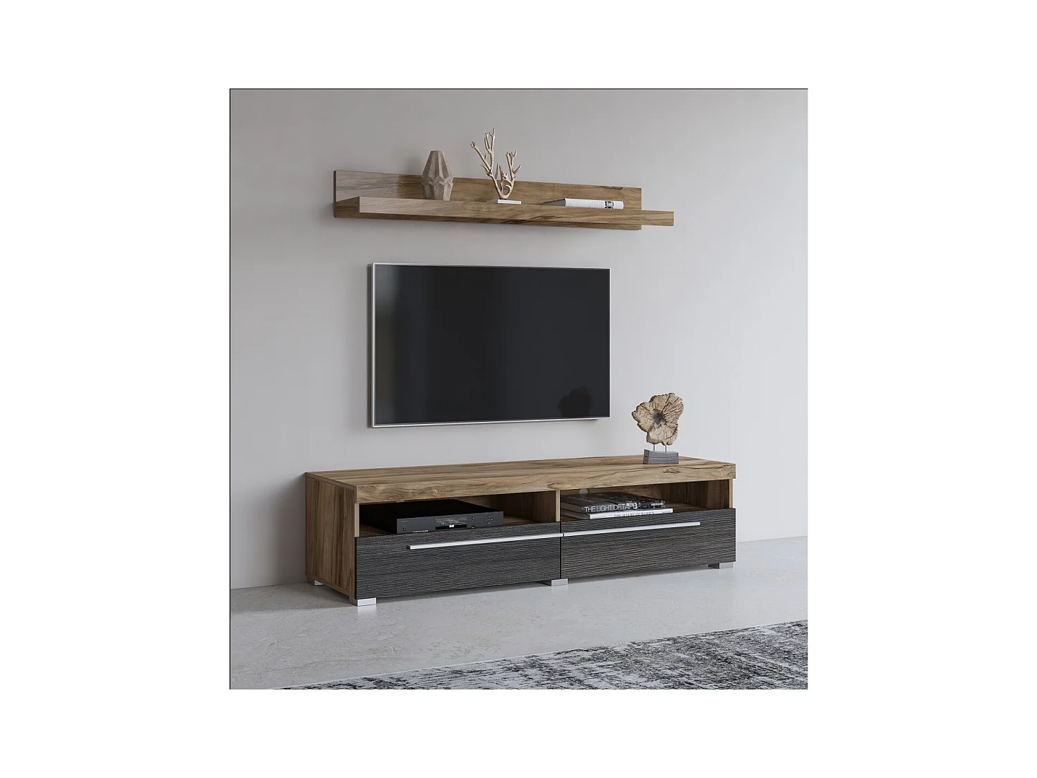 Meuble TV BRAZZA 140 cm avec étagère murale – 2 abattants – Noyer satin et niches visibles