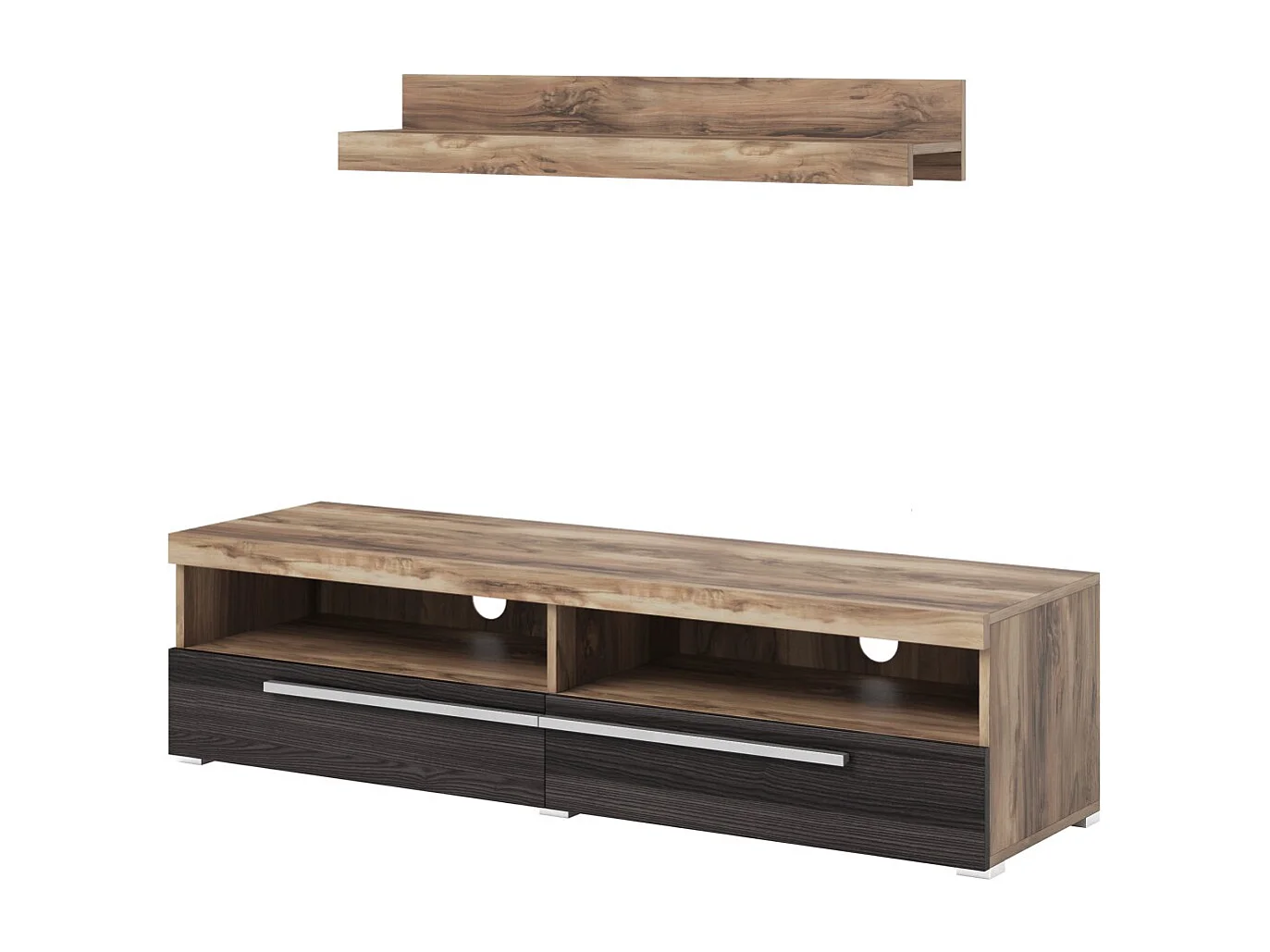 Móvel para TV BRAZZA 140 cm com prateleira de parede - 2 abas - Nogueira acetinado e nichos visíveis