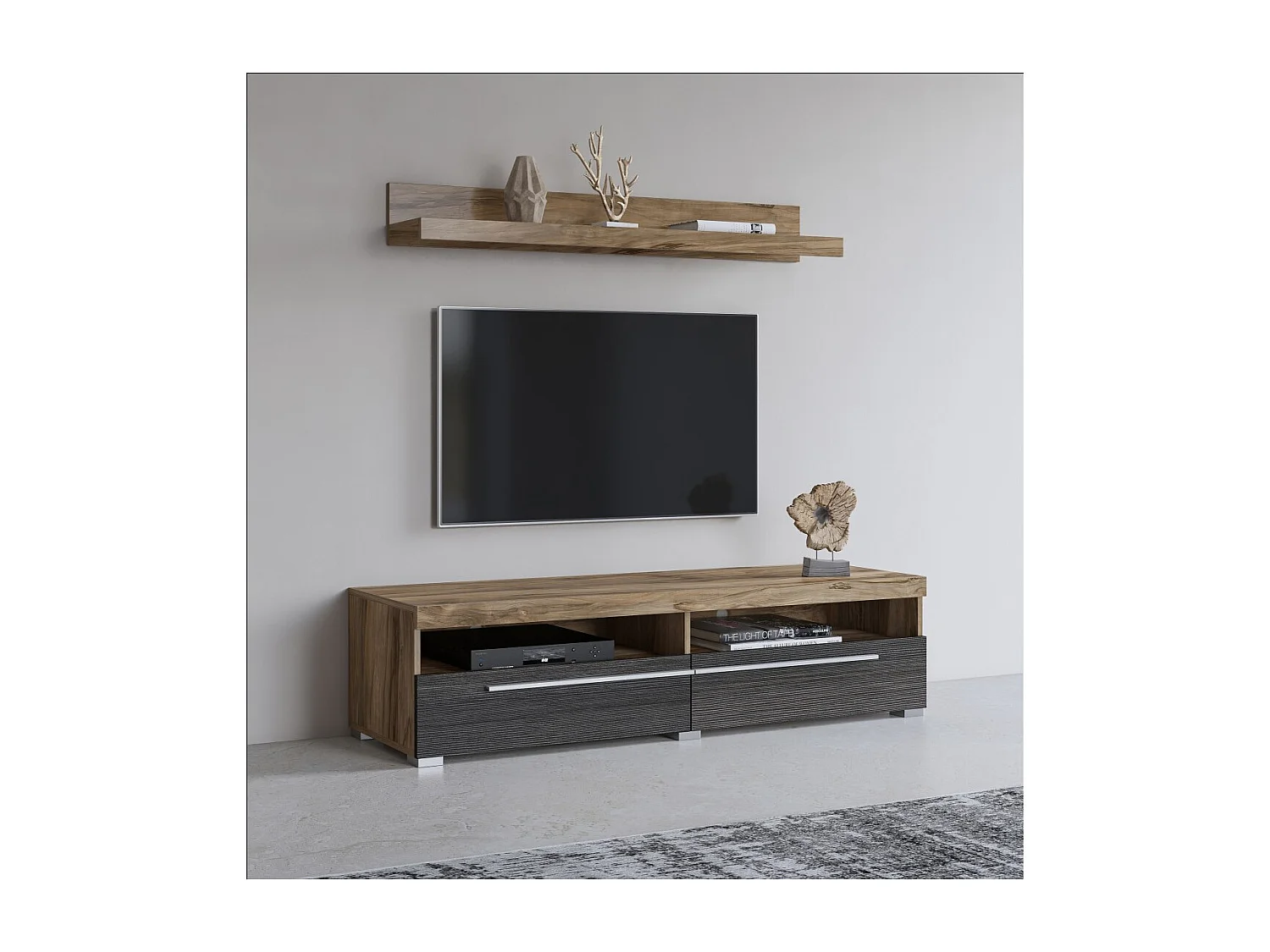 Móvel para TV BRAZZA 140 cm com prateleira de parede - 2 abas - Nogueira acetinado e nichos visíveis