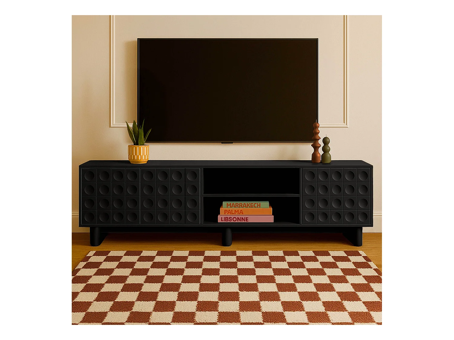 Meuble TV rectangulaire 3 portes L200 cm noir