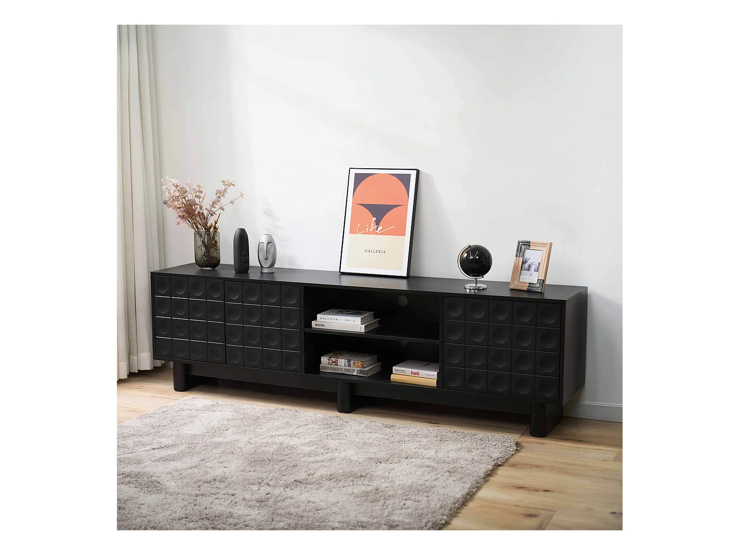 Meuble TV rectangulaire 3 portes L200 cm noir