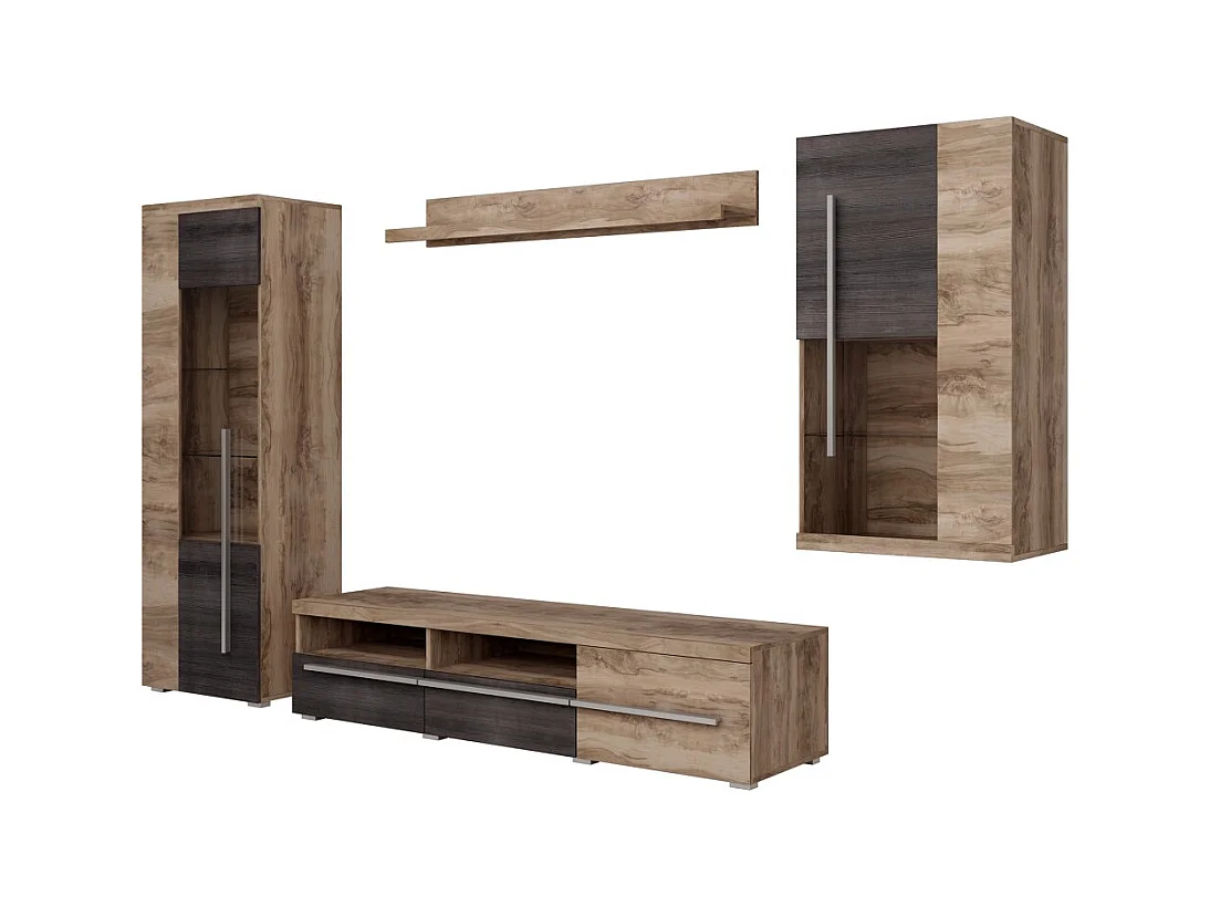 Composição mural BRAZZA – Móvel para TV, vitrines e prateleira – Design em nogueira acetinado