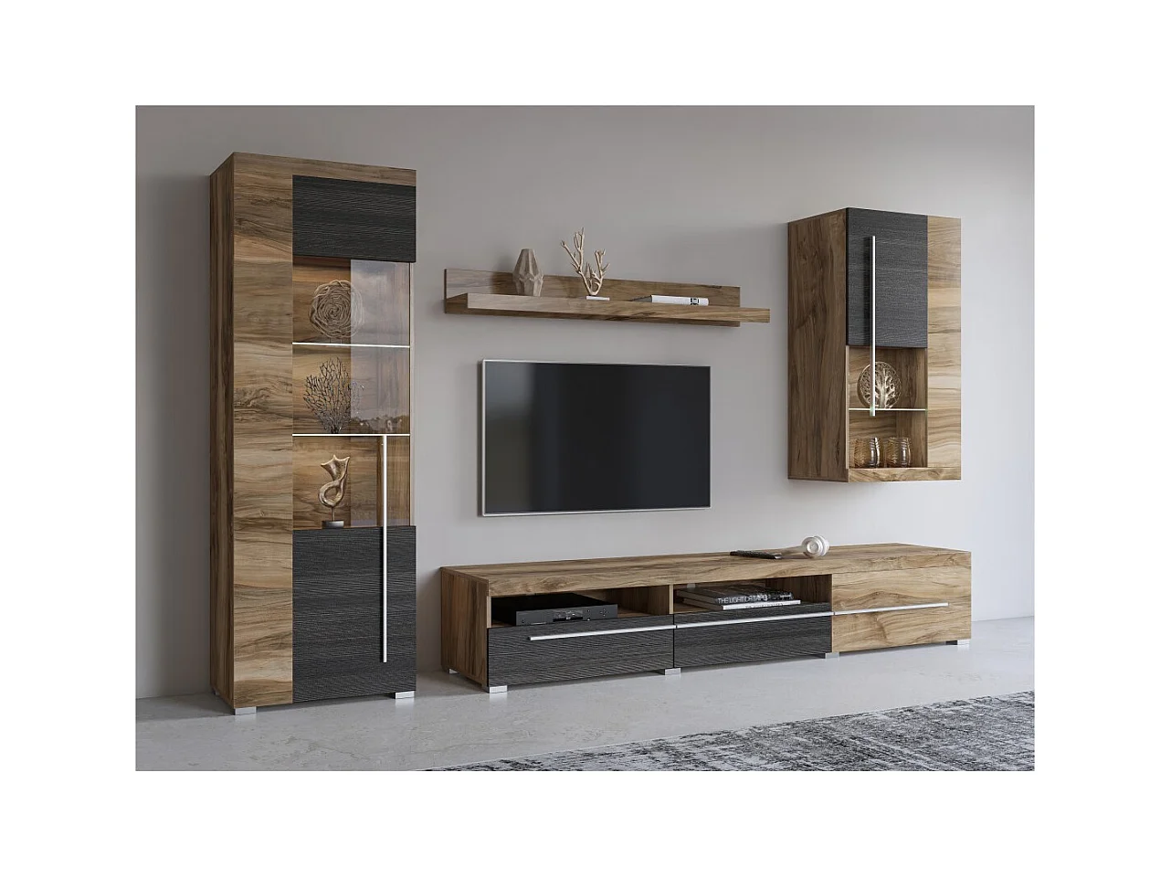 Composição mural BRAZZA – Móvel para TV, vitrines e prateleira – Design em nogueira acetinado