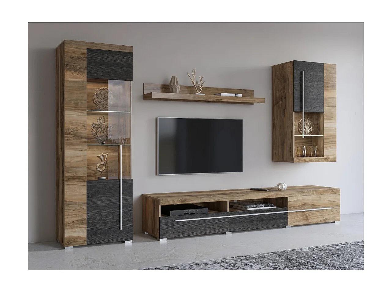 Composición mural BRAZZA – Mueble para TV, vitrinas y estantería – Diseño de nogal satinado