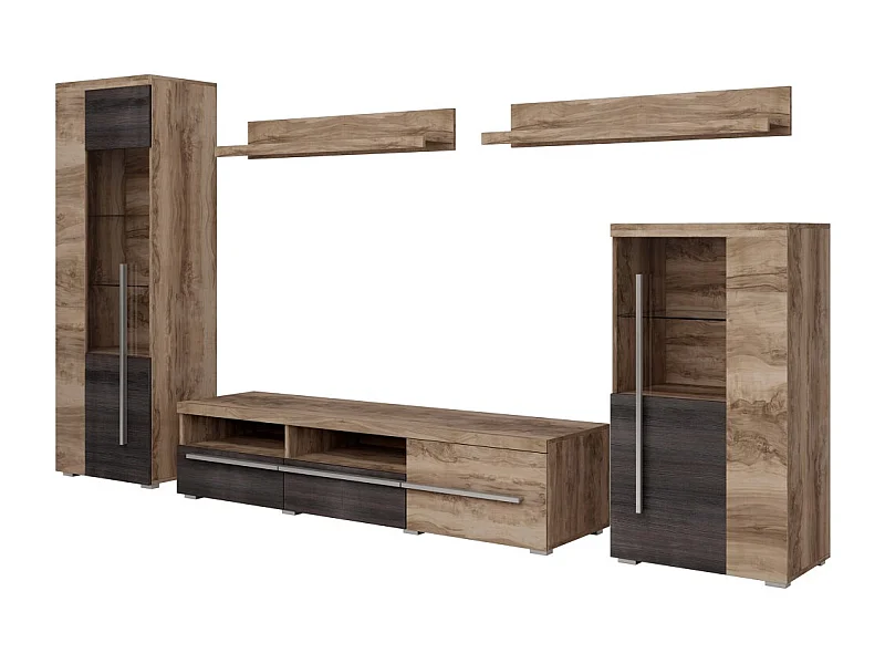 Composição mural BRAZZA – Vitrines, móvel TV 160 cm e 2 prateleiras – Acabamento em nogueira acetinado