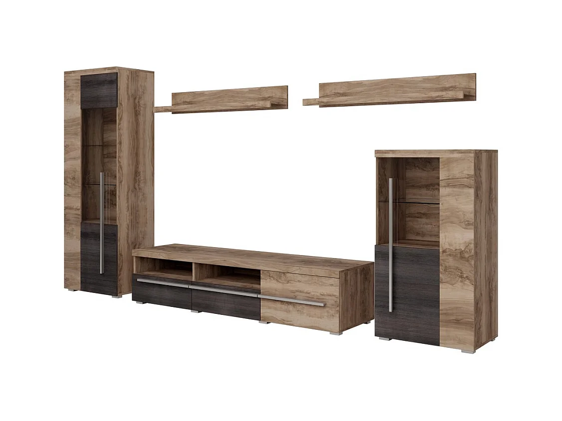 Composição mural BRAZZA – Vitrines, móvel TV 160 cm e 2 prateleiras – Acabamento em nogueira acetinado