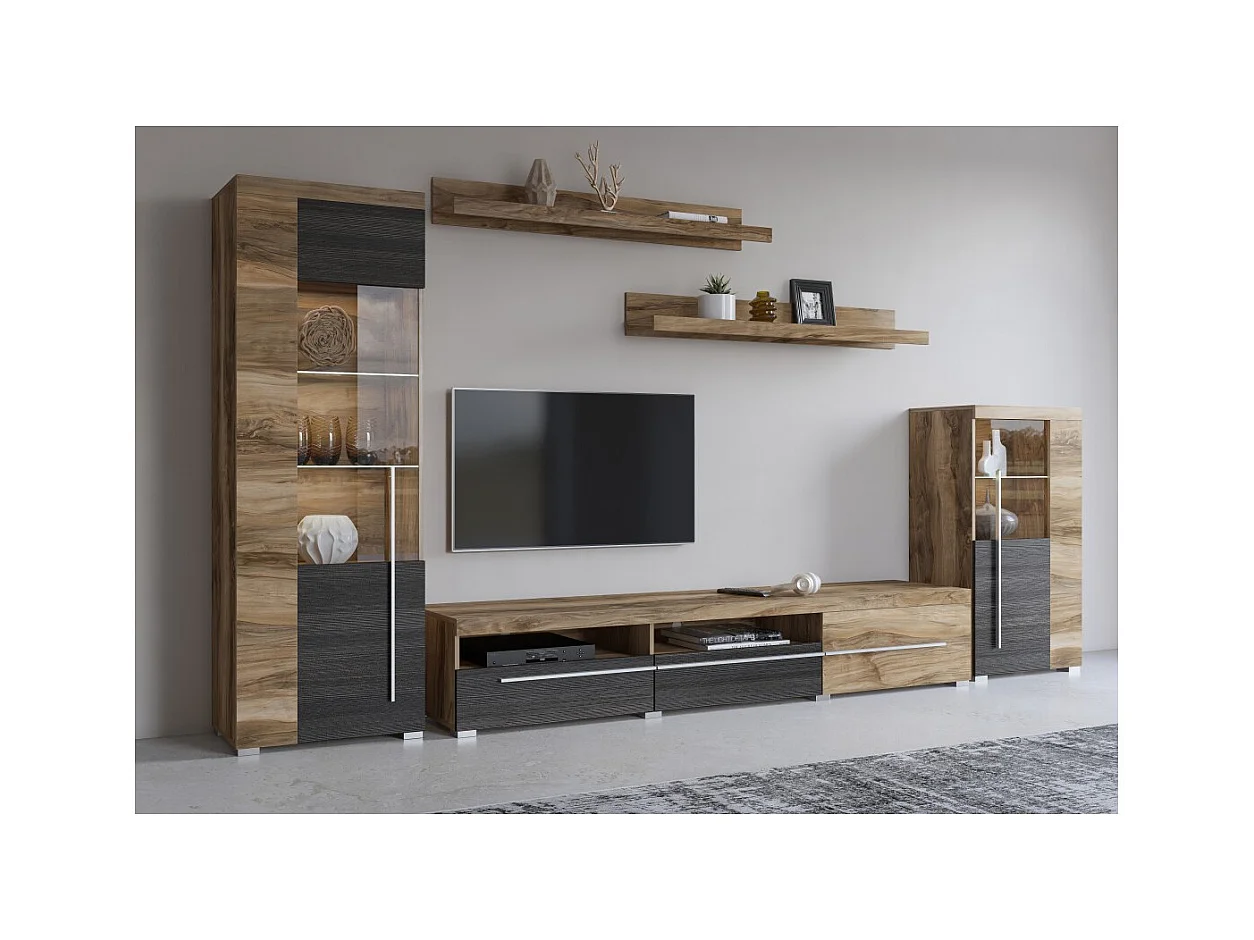 Composição mural BRAZZA – Vitrines, móvel TV 160 cm e 2 prateleiras – Acabamento em nogueira acetinado