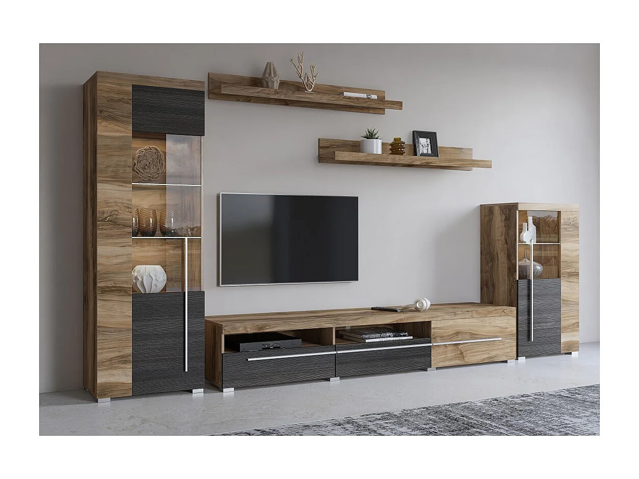 Composición mural BRAZZA – Vitrinas, mueble TV 160 cm y 2 estantes – Acabado en nogal satinado