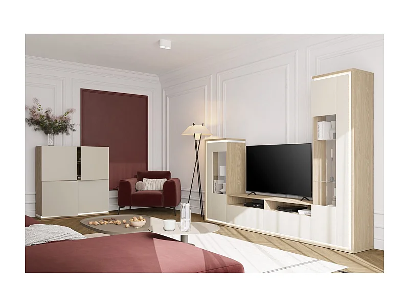 Conjunto de Móveis JULIA – Vitrinas, buffet e móvel para TV – Carvalho oleado e bege cashmere com LED