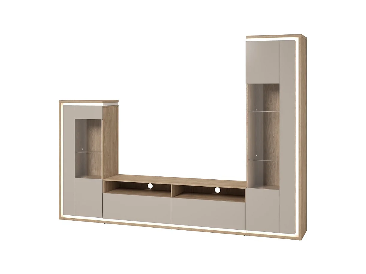 Conjunto de muebles JULIA – Vitrinas, aparador y mueble de TV – Roble aceitado y beige cachemira con LED