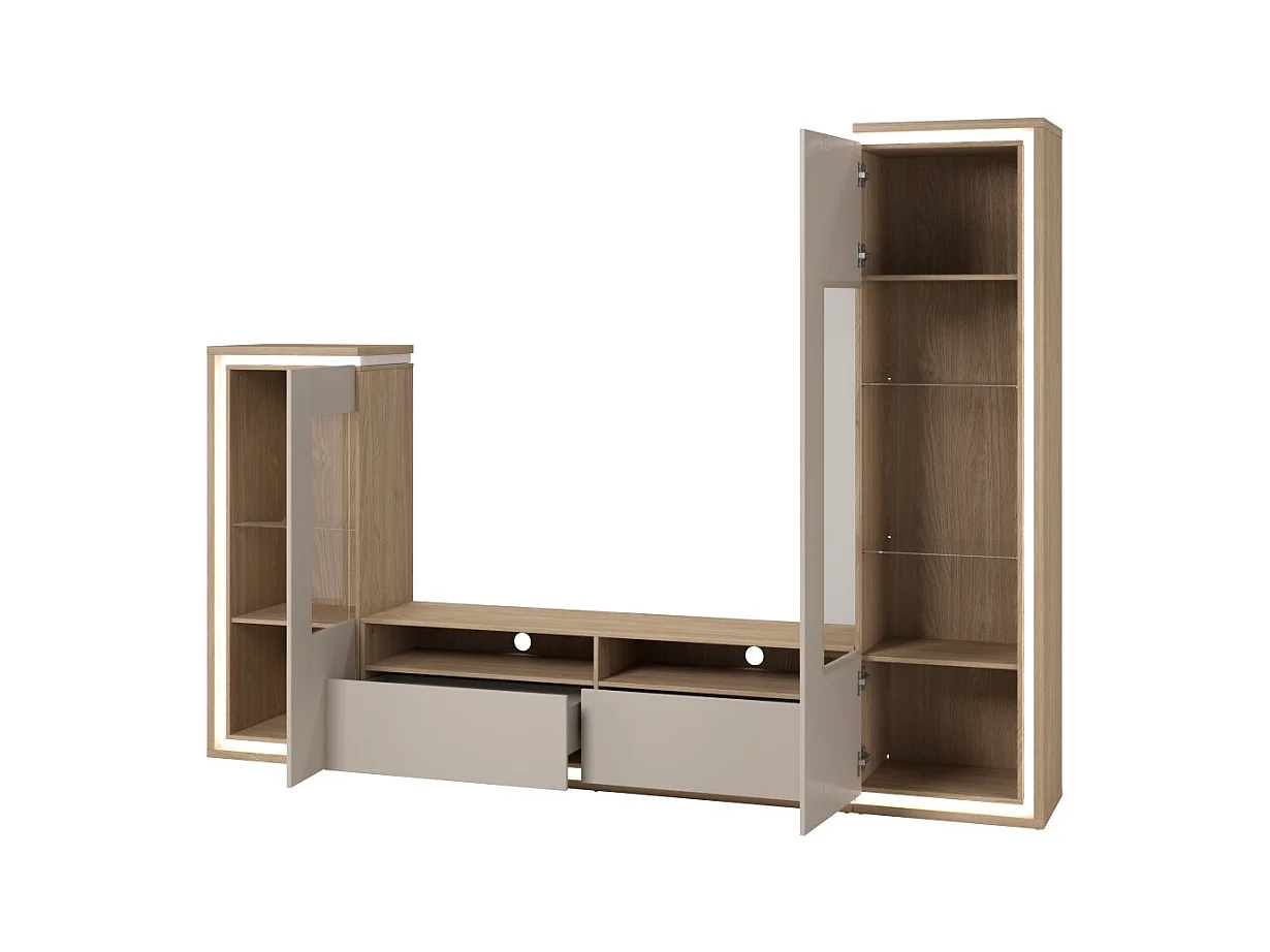 Conjunto de muebles JULIA – Vitrinas, aparador y mueble de TV – Roble aceitado y beige cachemira con LED