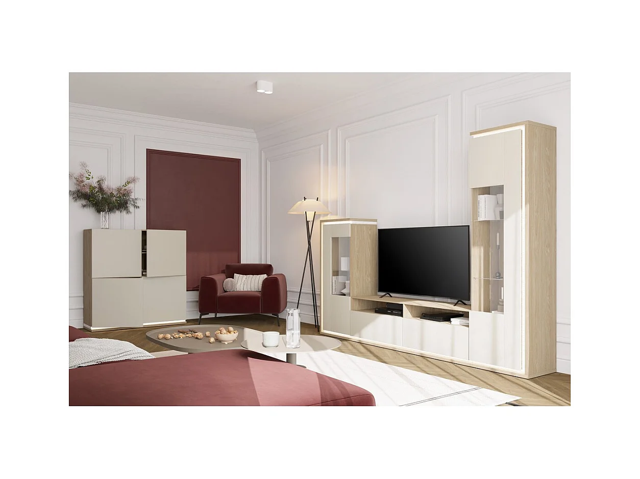 Ensemble meubles JULIA – Vitrines, buffet et meuble TV – Chêne huilé et beige cashmere avec LED