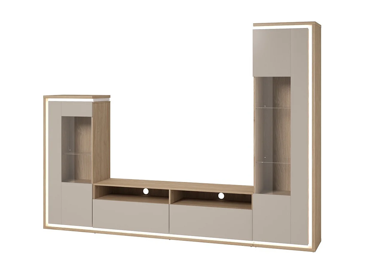 Conjunto de muebles JULIA – Vitrinas, aparador y mueble de TV – Roble aceitado y beige cachemira con LED