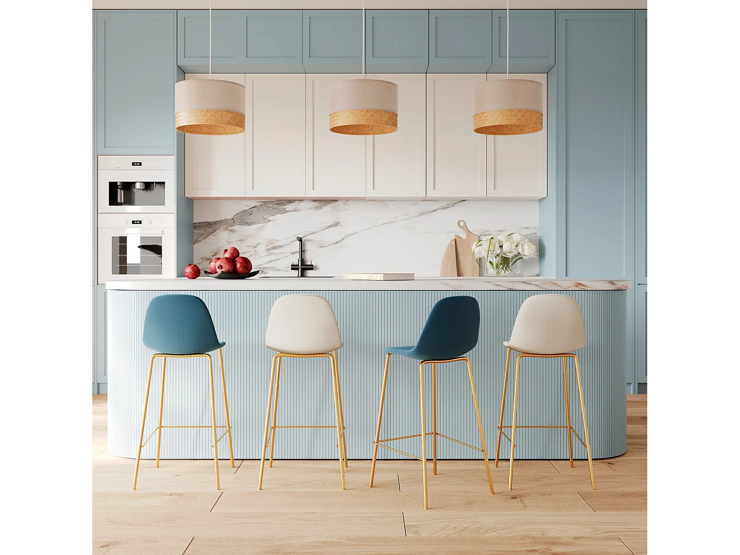 Set di 4 sedie per isola centrale bianche e blu 65 cm - Henrik