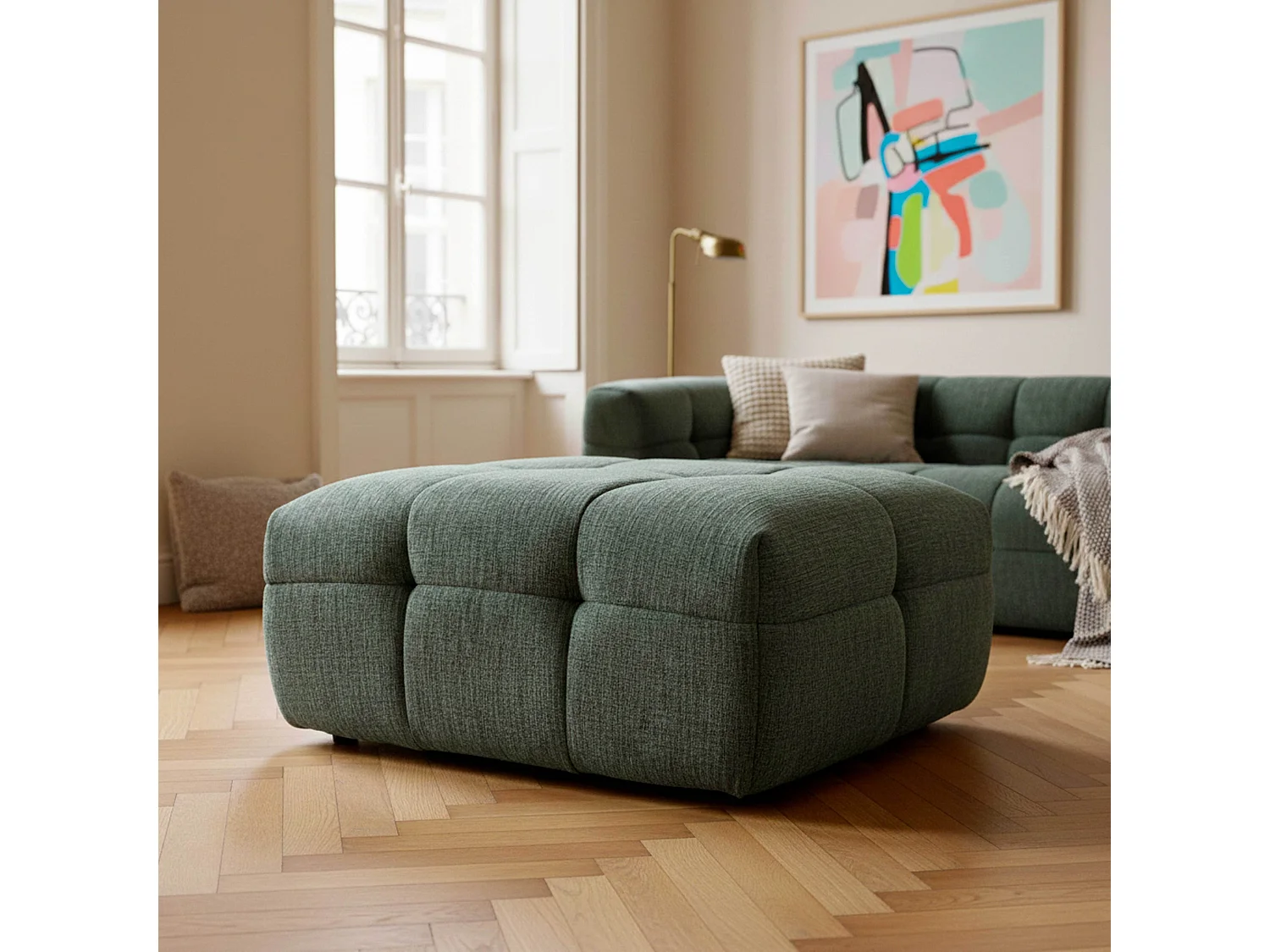Pouf en bois et polyester effet mattelassé vert