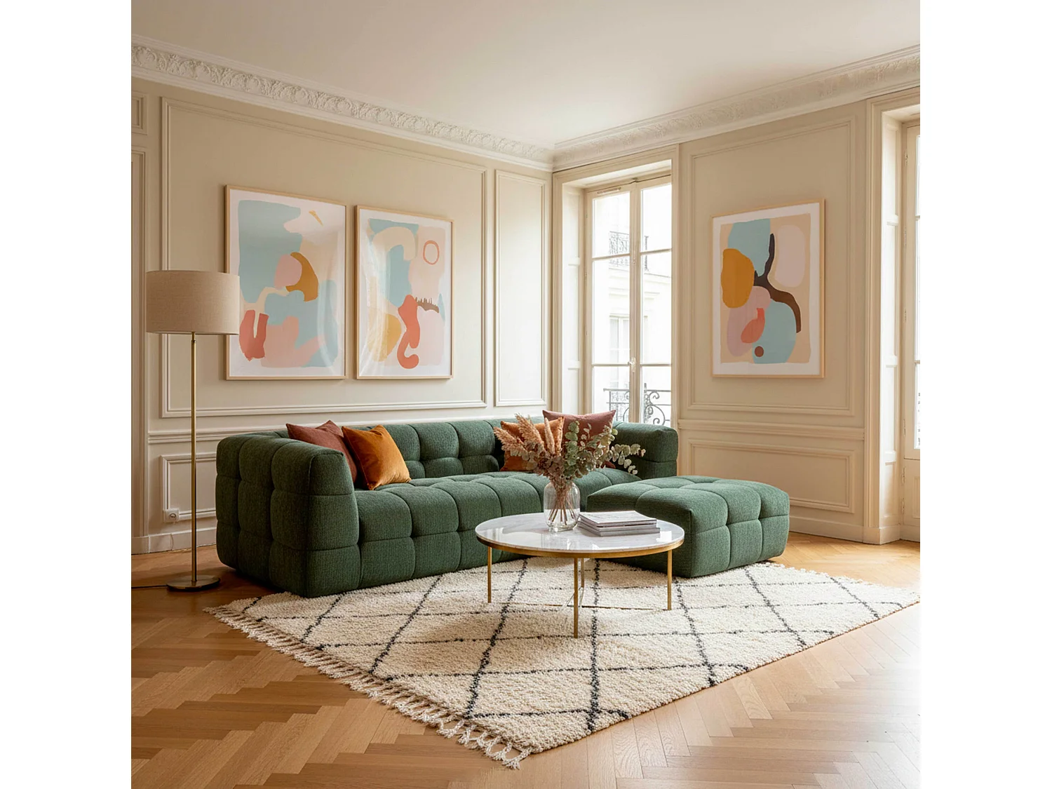 Pouf en bois et polyester effet mattelassé vert