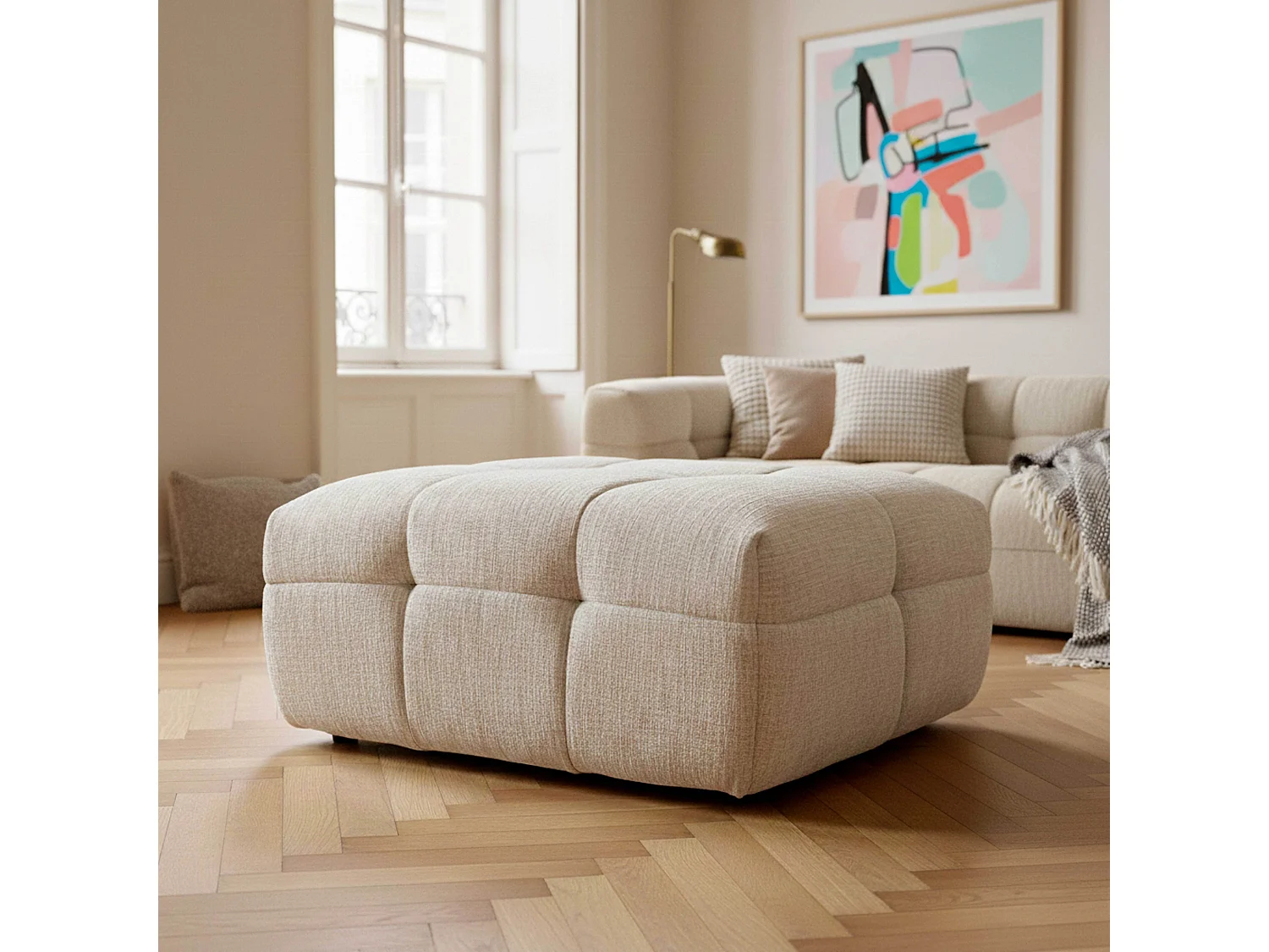 Pouf en bois et polyester effet mattelassé écru