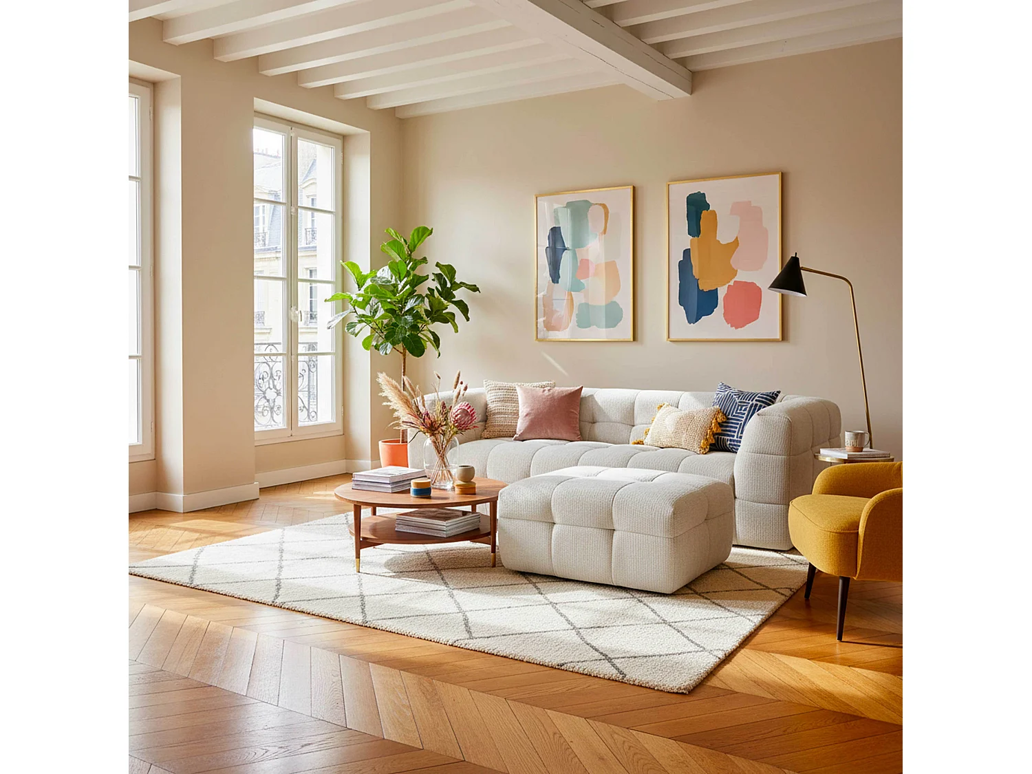 Pouf en bois et polyester effet mattelassé écru