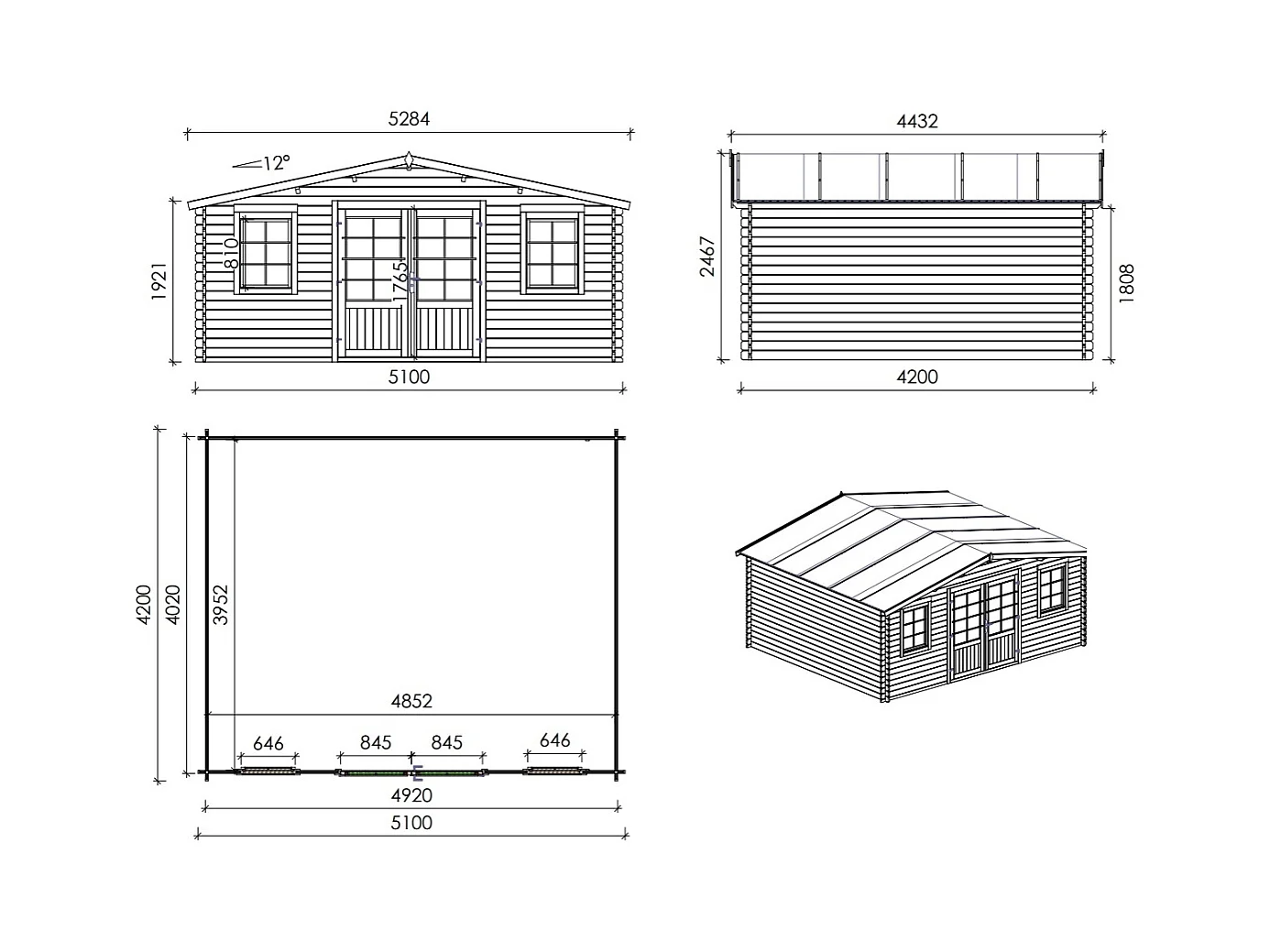 Abri de jardin en bois - 21.42m2 - 5.1x4.2m - Ep. 34mm - Couleur: naturel - DOM746 - ALTANKA
