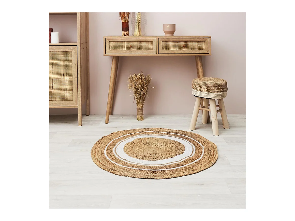 Tapis Rond Ø90cm en Jute Naturelle et Coton Blanc - GOMYA