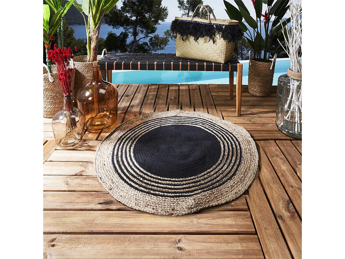 Tapis Rond Ø90cm en Jute Naturelle et Coton Noir - GOMYA