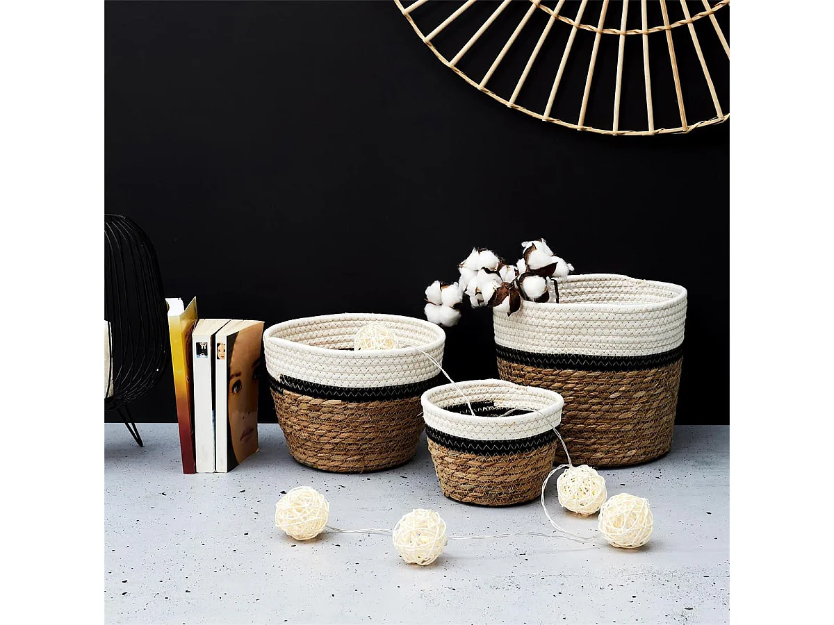 Lot de 3 Corbeilles Tressées en Jonc de Mer Naturel et Coton Noir et Blanc - EMIRA