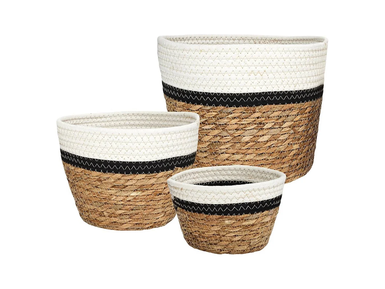 Lot de 3 Corbeilles Tressées en Jonc de Mer Naturel et Coton Noir et Blanc