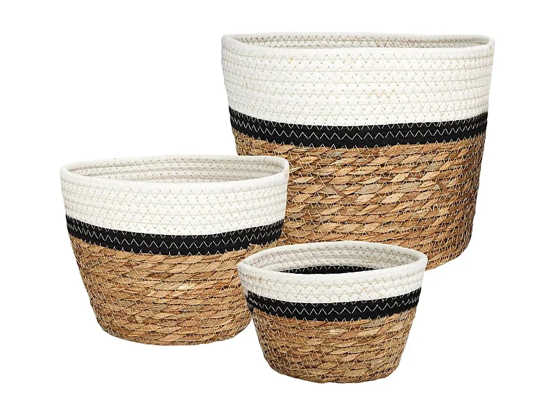 Lot de 3 Corbeilles Tressées en Jonc de Mer Naturel et Coton Noir et Blanc - EMIRA
