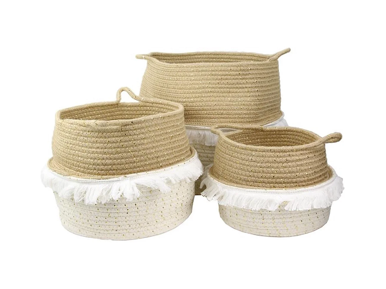 Lot de 3 Paniers Rétractables Cordage Coton Blanc Taupe et Doré avec Franges - COSIA