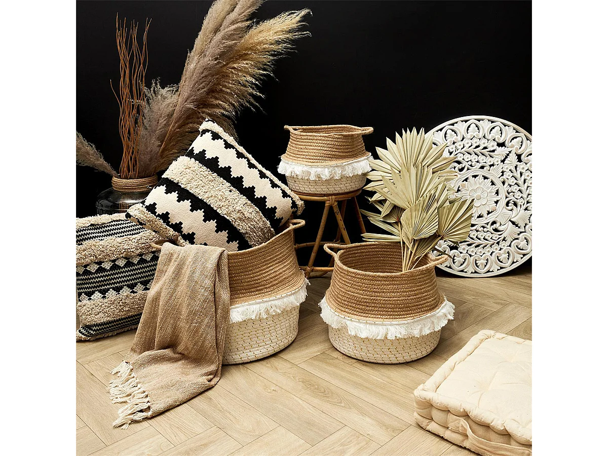 Lot de 3 Paniers Rétractables Cordage Coton Blanc Taupe et Doré avec Franges - COSIA