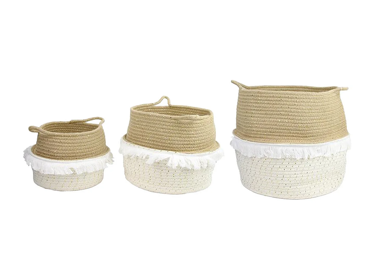 Lot de 3 Paniers Rétractables Cordage Coton Blanc Taupe et Doré avec Franges - COSIA