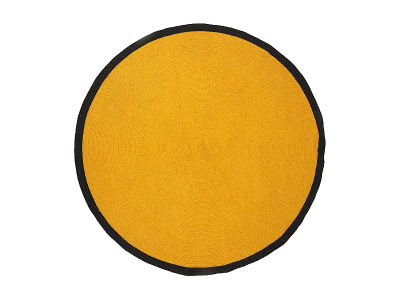 Tapis Rond Ø120cm Style Rétro Coton Jaune Moutarde et Bord Noir - KITTS